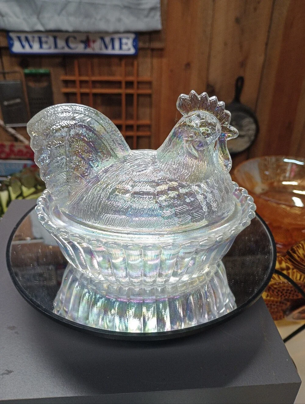 Rosso - Westmoreland  - Mosser, Clear Crystal Carnival Hen On Nest Rooster